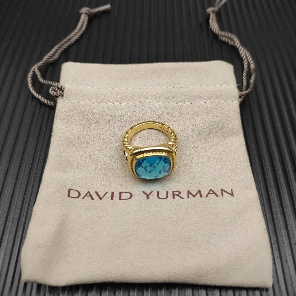 David Yurman Gold Square Diamond and Blue Diamond Ring